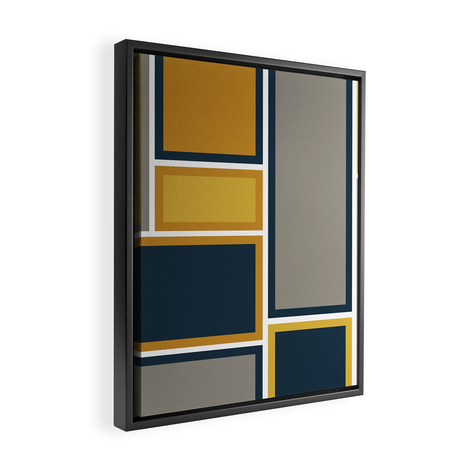 Modular Midcentury Modern Geometric Pattern in Navy Blue, Mustard, Grey, and White Framed Canvas Print Gallery Image 2