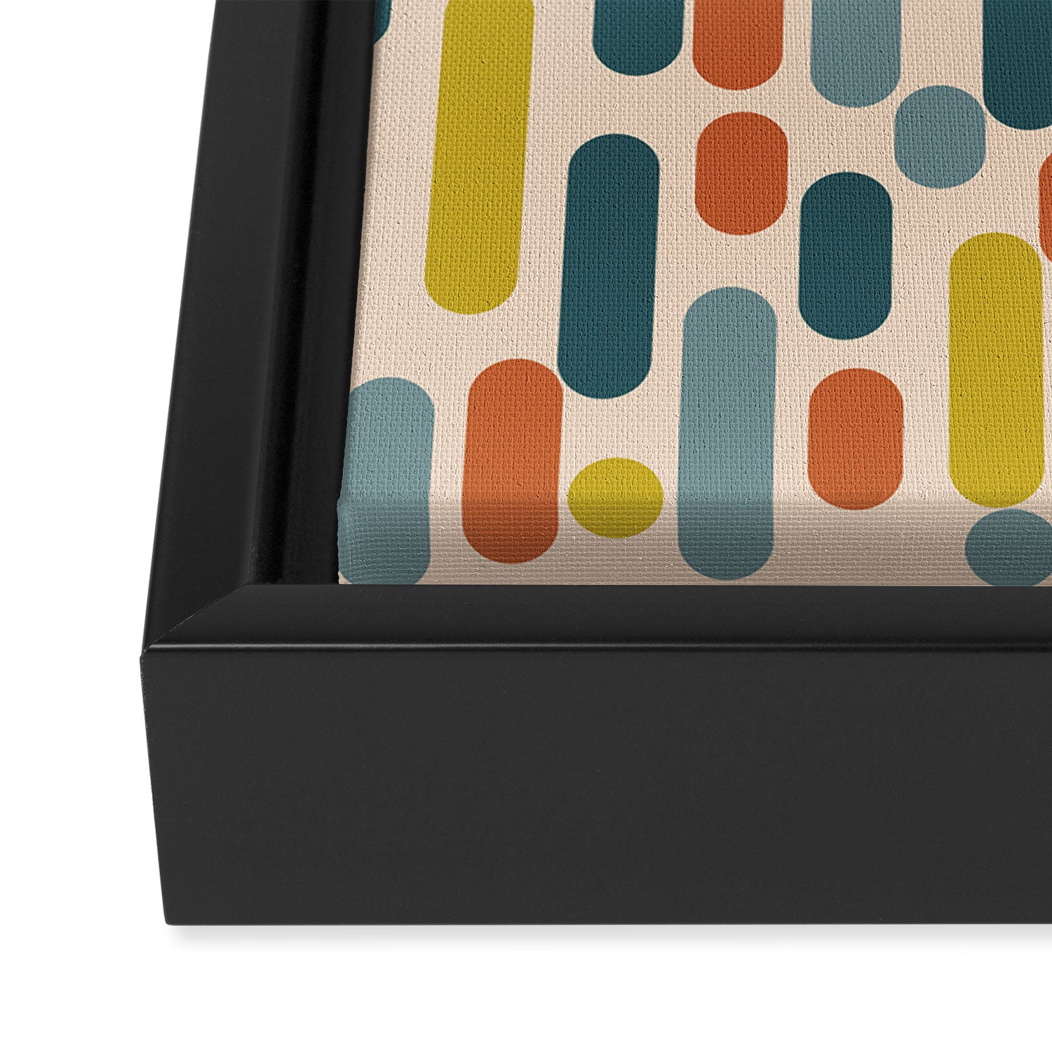 Morningside Heights Mid Century Modern Pattern in Steel Blue, Mustard, Orange, and Cream Tones Framed Canvas Print Gallery Image 3