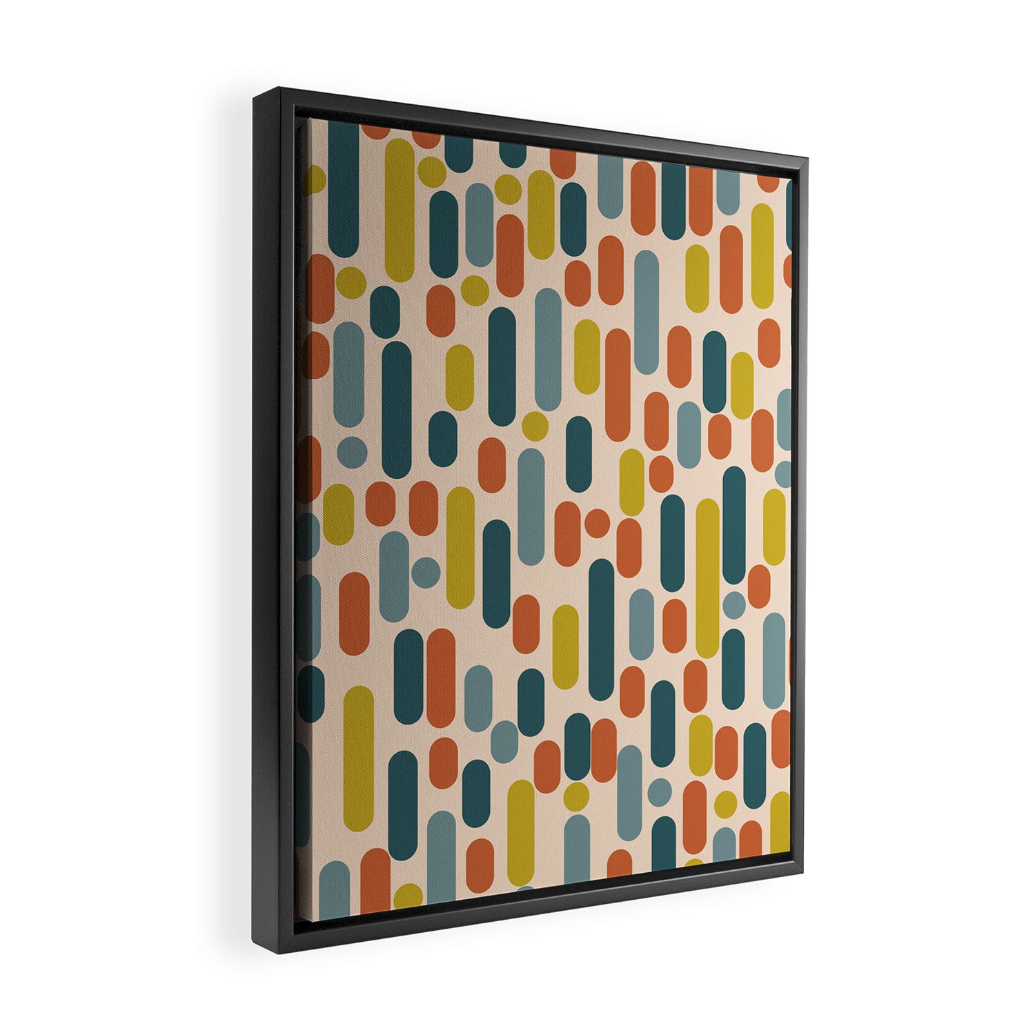 Morningside Heights Mid Century Modern Pattern in Steel Blue, Mustard, Orange, and Cream Tones Framed Canvas Print Gallery Image 2