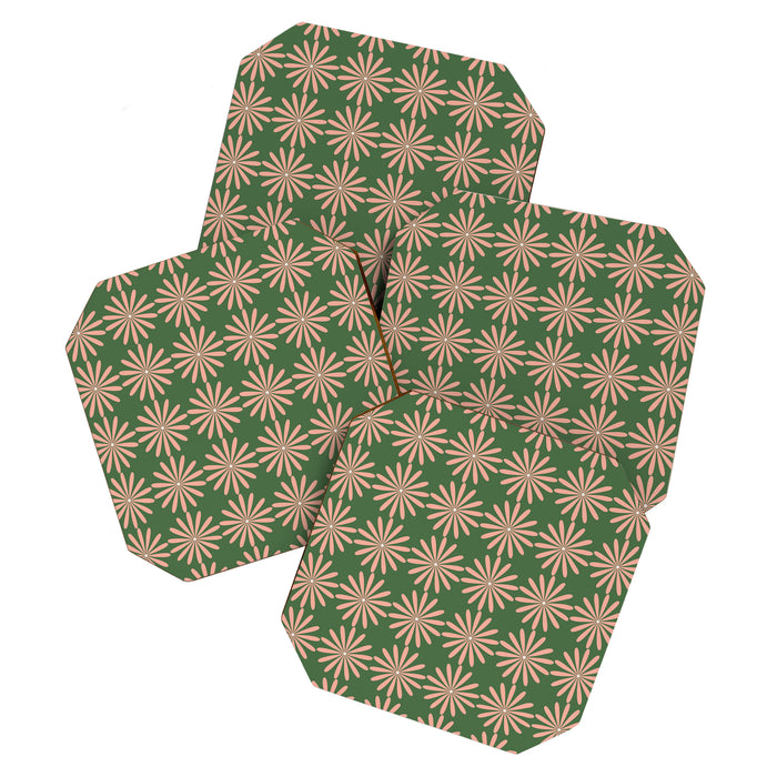 Multi Daisy Retro Pattern in Blush Pink and Green Coaster Gallery Image 1