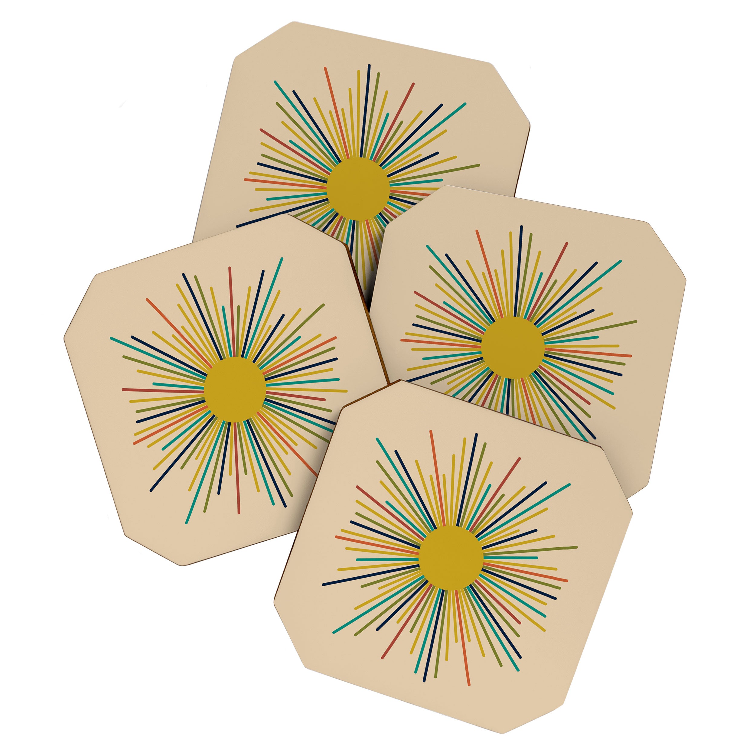 Multicolor Sunburst - Mid Century Modern Sun in Mid Mod Colors on Beige Coaster Gallery Image 1