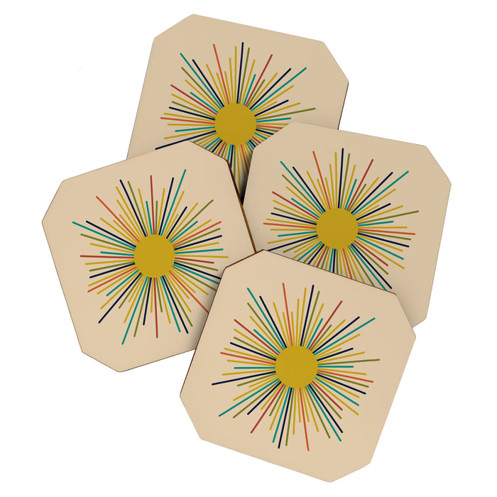 Multicolor Sunburst - Mid Century Modern Sun in Mid Mod Colors on Beige Coaster Gallery Image 1