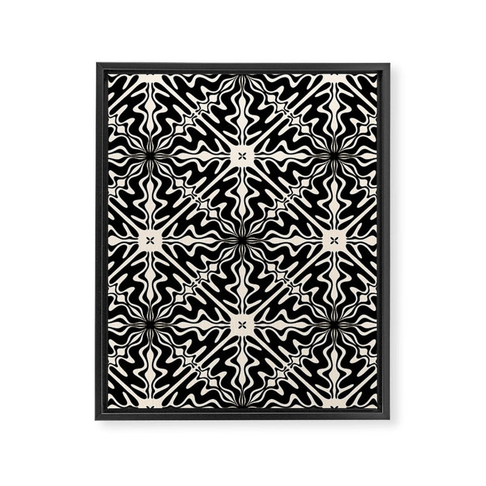 Murcia Spanish Tile Pattern in Black and Almond Cream Framed Canvas Print Gallery Image 1