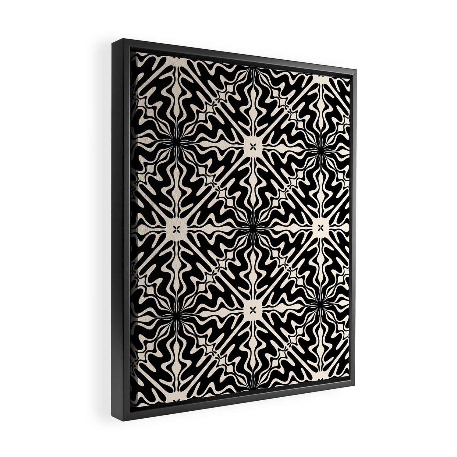 Murcia Spanish Tile Pattern in Black and Almond Cream Framed Canvas Print Gallery Image 2