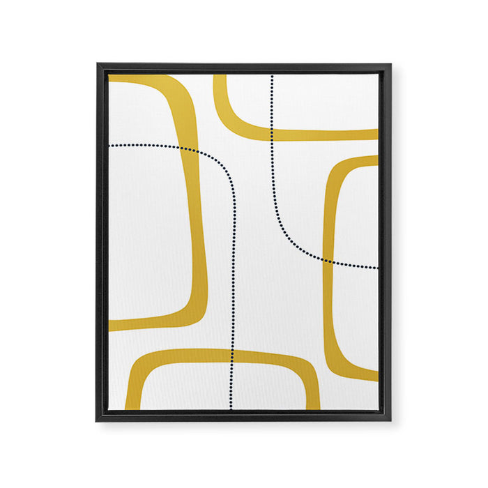 Mustard Rings Midcentury Modern Minimalist Abstract with Navy Blue and White Framed Canvas Print Gallery Image 1