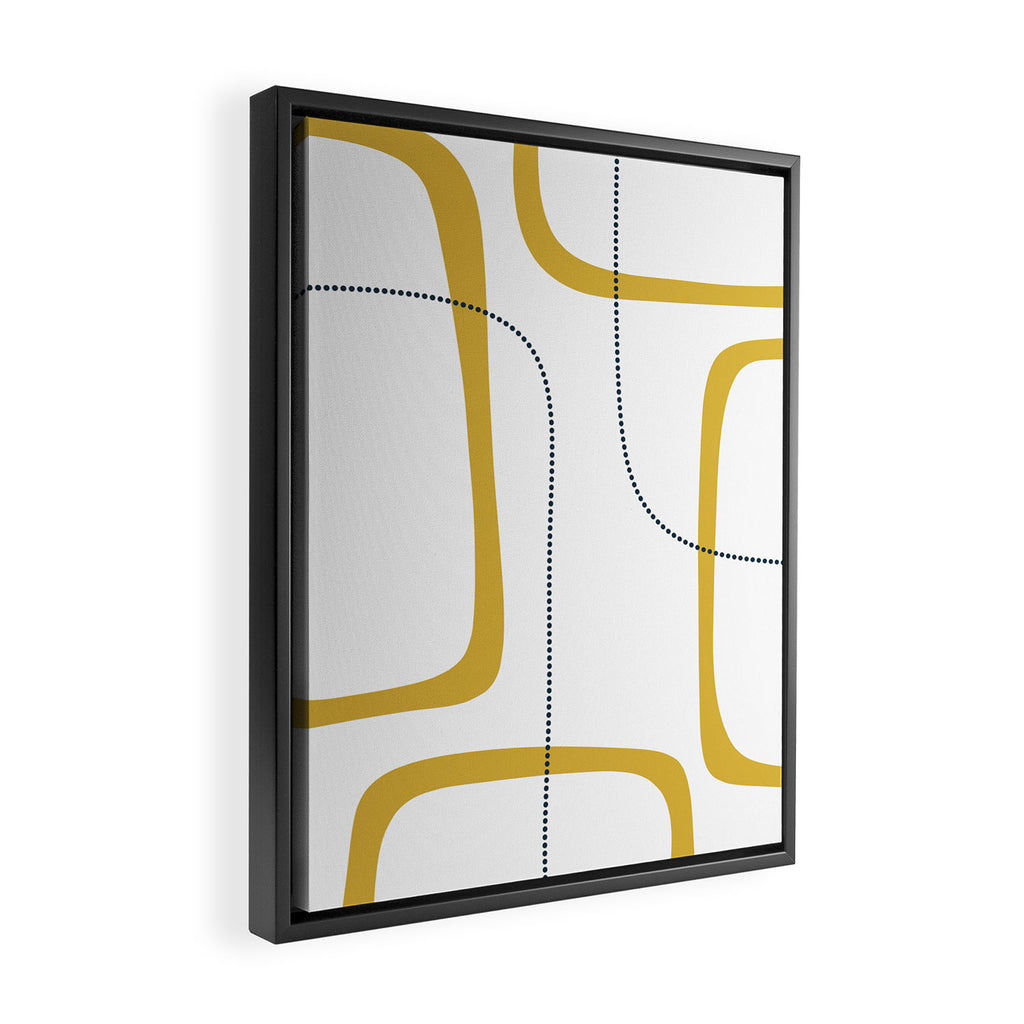 Mustard Rings Midcentury Modern Minimalist Abstract with Navy Blue and White Framed Canvas Print Gallery Image 2