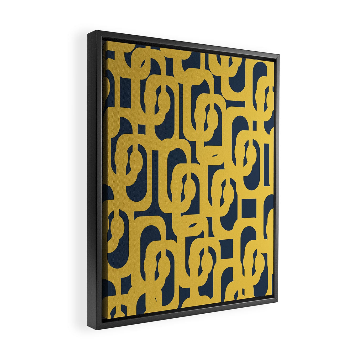 Mustard Yellow and Navy Blue Mid-Century Modern Loop Pattern Framed Canvas Print Gallery Image 2