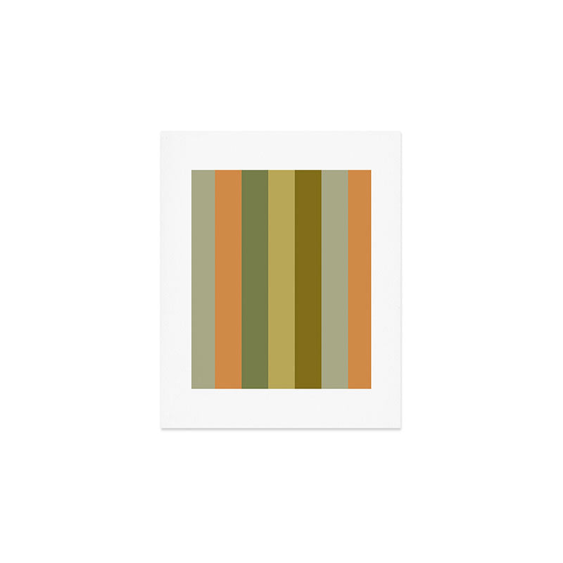 Muted Vertical Stripe Pattern in Vintage Green and Cantaloupe Tones Art Print Gallery Image 1