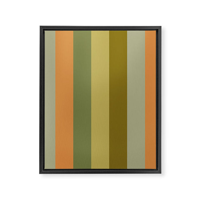 Muted Vertical Stripe Pattern in Vintage Green and Cantaloupe Tones Framed Canvas Print Gallery Image 1