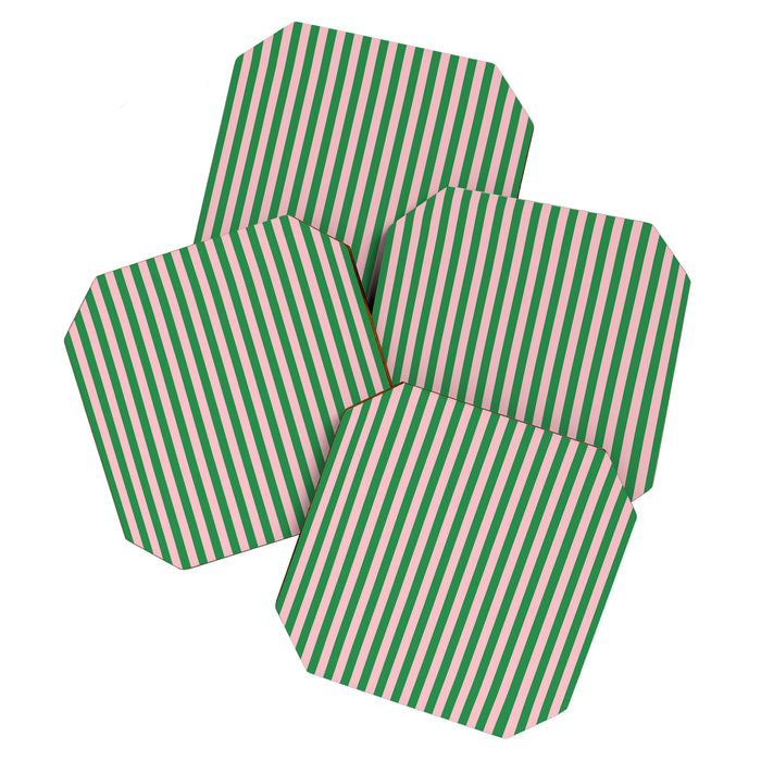 Narrow Stripes Vertical Pattern in Kelly Green and Blush Pink Coaster Gallery Image 1