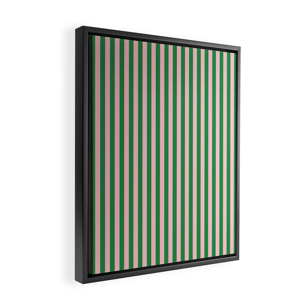 Narrow Stripes Vertical Pattern in Kelly Green and Blush Pink Framed Canvas Print Gallery Image 2
