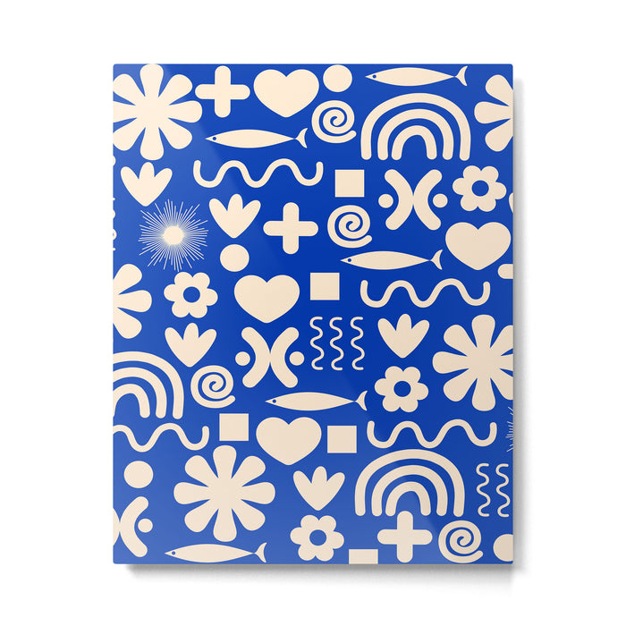 Natural Miscellany Pattern in Bright Blue and Cream Metal Print Gallery Image 1