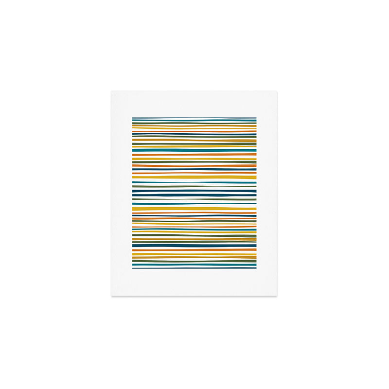 Natural Stripes Pattern in Moroccan Teal Blue Olive Green Mustard Orange Ochre White Art Print Gallery Image 1