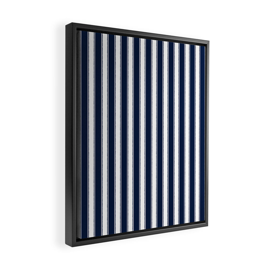 Nautical Navy Blue and White Rough Stripes Vertical Pattern Framed Canvas Print Gallery Image 2