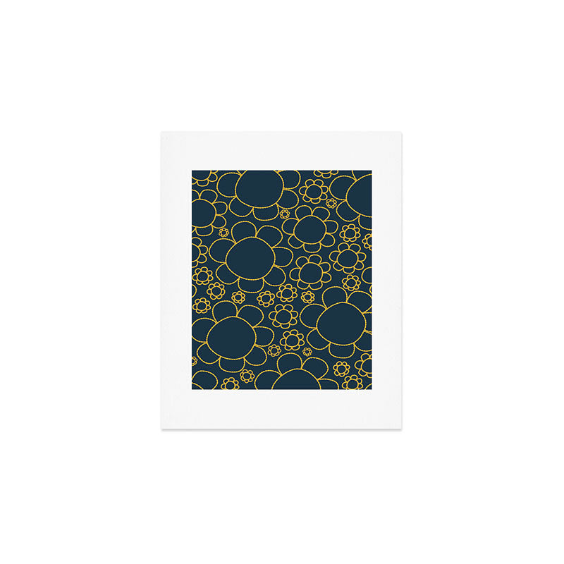 Navy Blue and Mustard Doodle Flowers Retro Floral Pattern Art Print Gallery Image 1