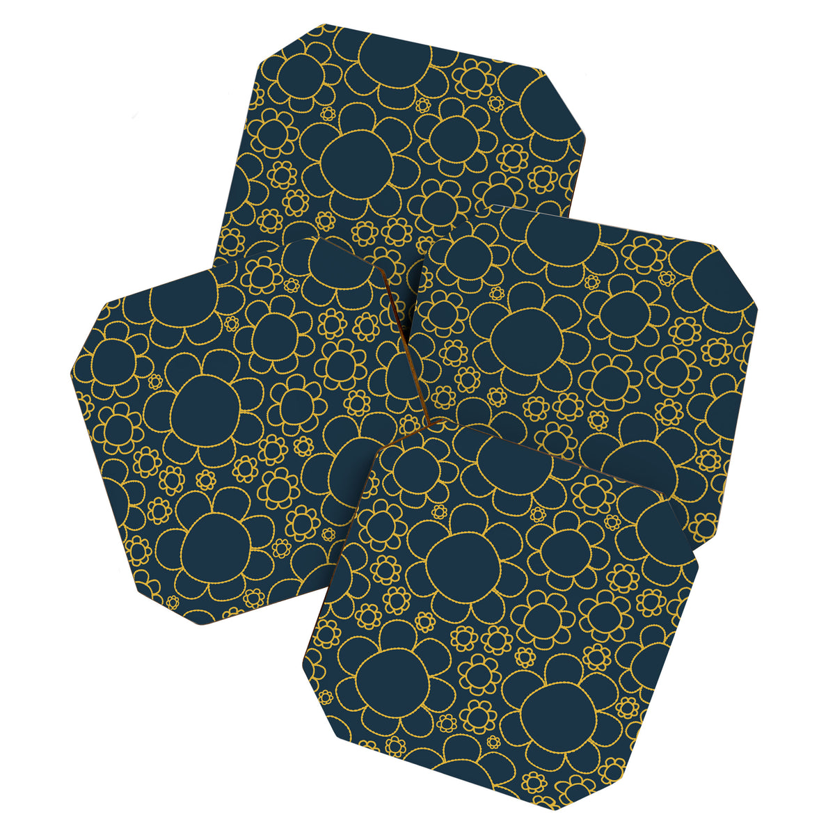 Navy Blue and Mustard Doodle Flowers Retro Floral Pattern Coaster Gallery Image 1