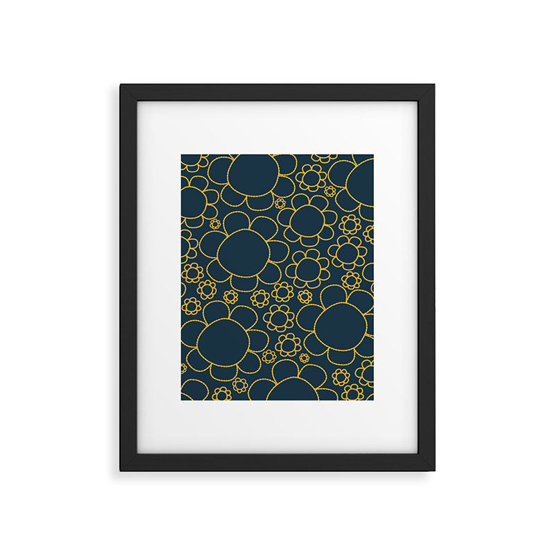Navy Blue and Mustard Doodle Flowers Retro Floral Pattern Framed Art Print Gallery Image 6