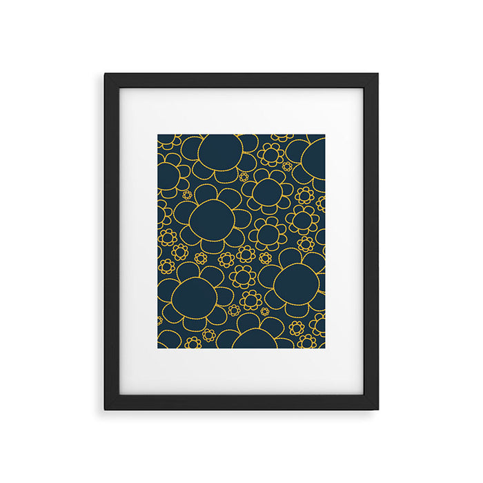 Navy Blue and Mustard Doodle Flowers Retro Floral Pattern Framed Art Print Gallery Image 1