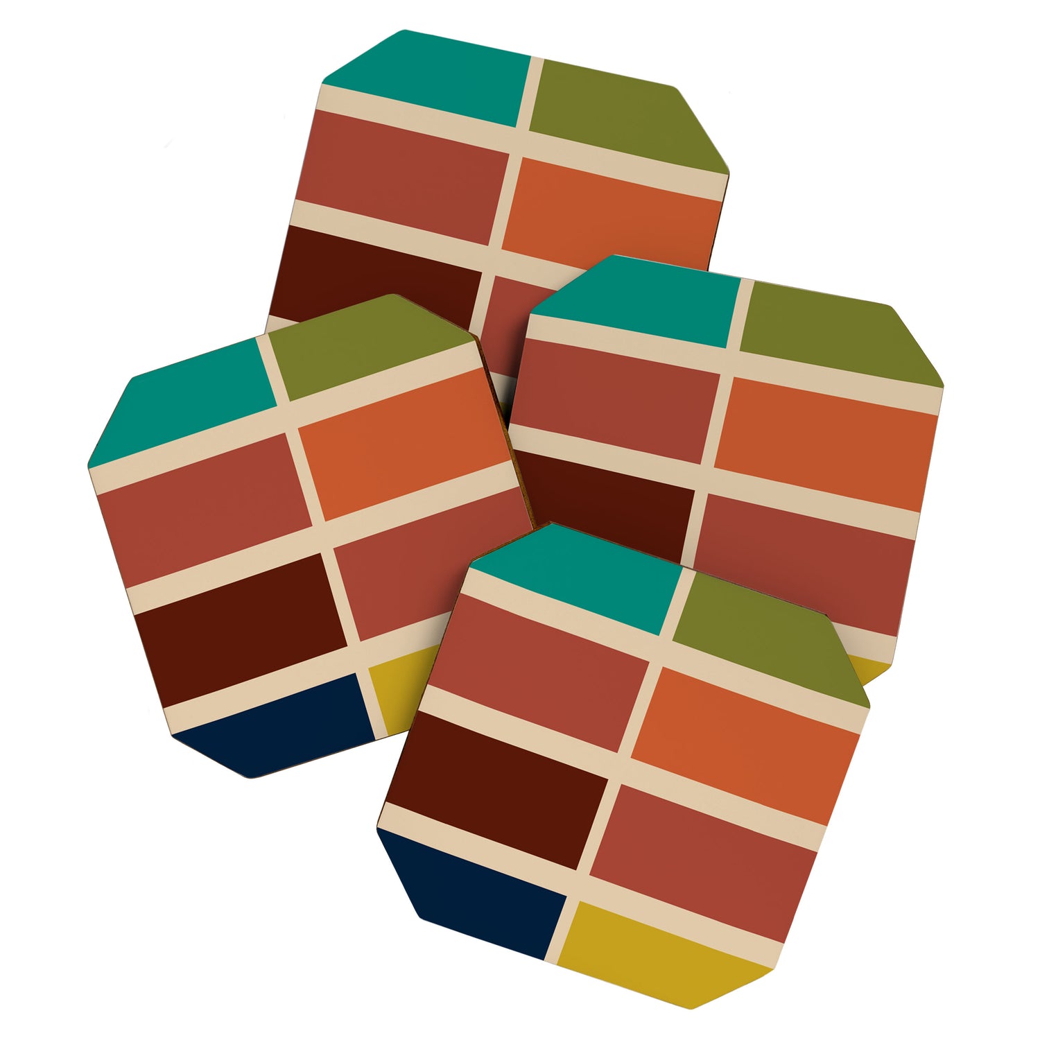 Nelson Blocks II - Midcentury Modern Geometric in Mid Century Mod Mustard, Olive, Teal, Orange, Beige Coaster Gallery Image 1