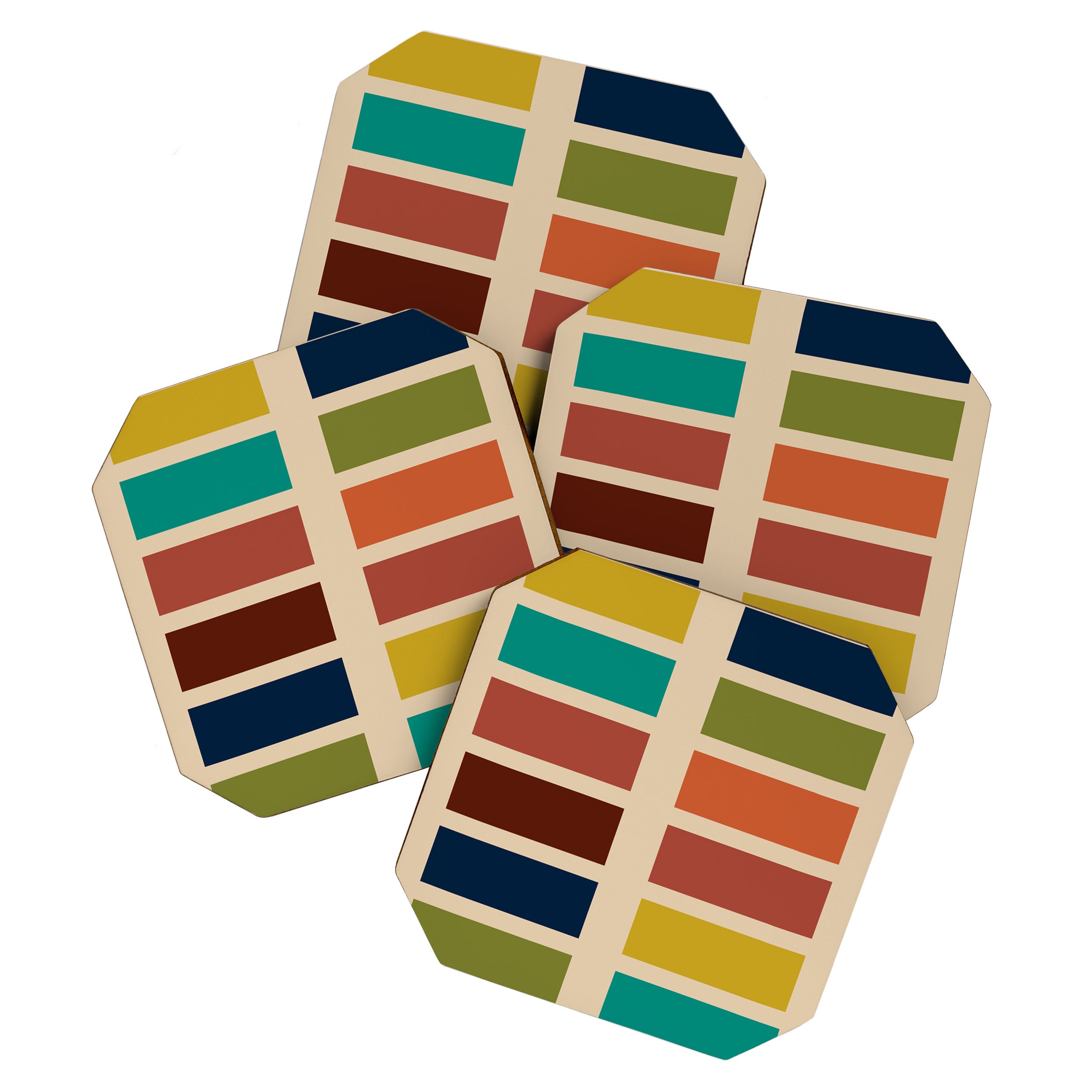 Nelson Blocks - Midcentury Modern Geometric in Mid Century Mod Mustard, Olive, Teal, Orange, Beige Coaster Gallery Image 1