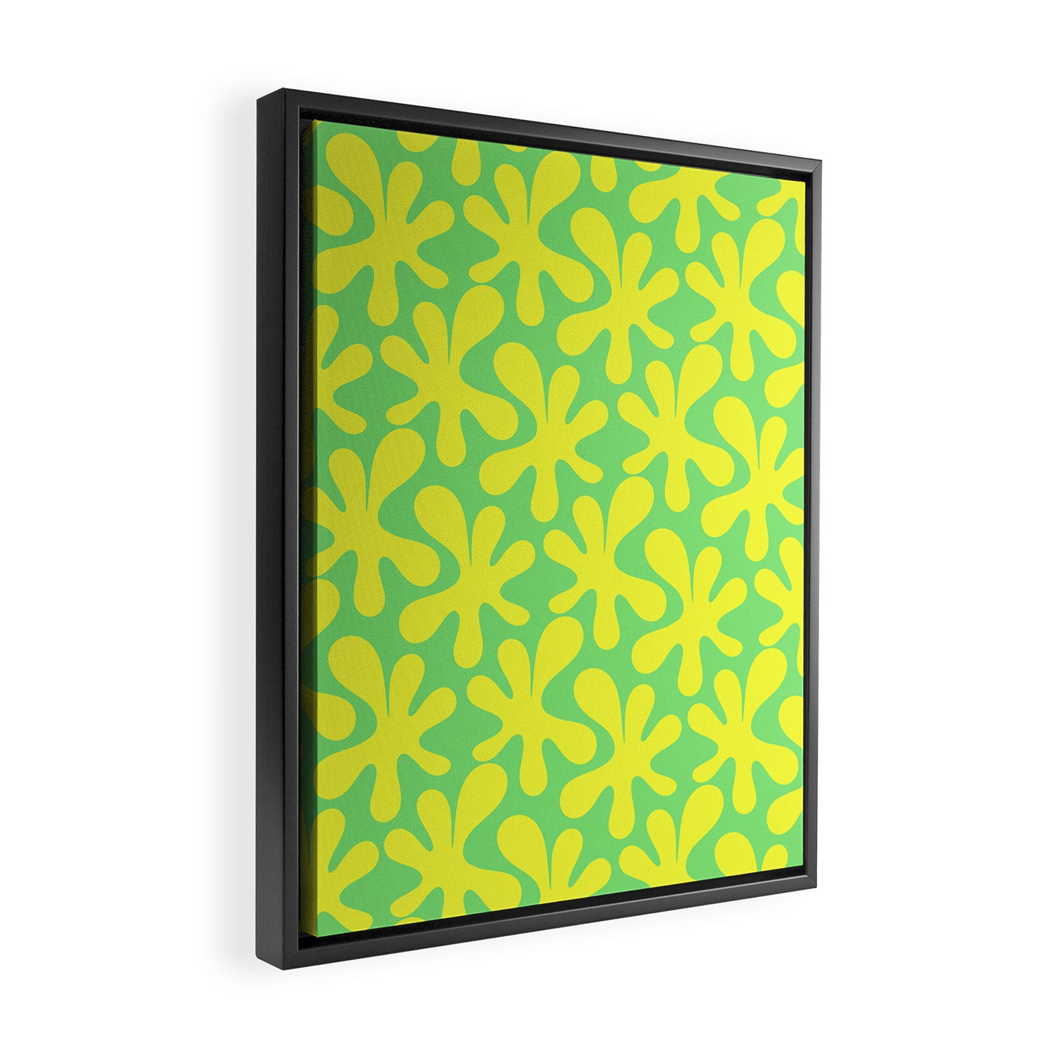 Neon Yellow and Lime Green Amoeba Dance Vivid Retro Modern Pattern Framed Canvas Print Gallery Image 2