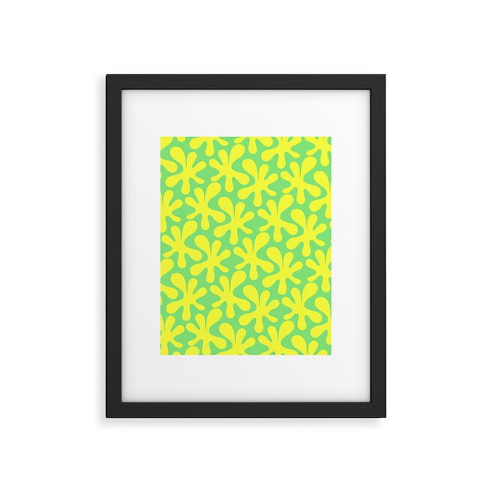 Neon Yellow and Lime Green Amoeba Dance Vivid Retro Modern Pattern Framed Art Print Gallery Image 1
