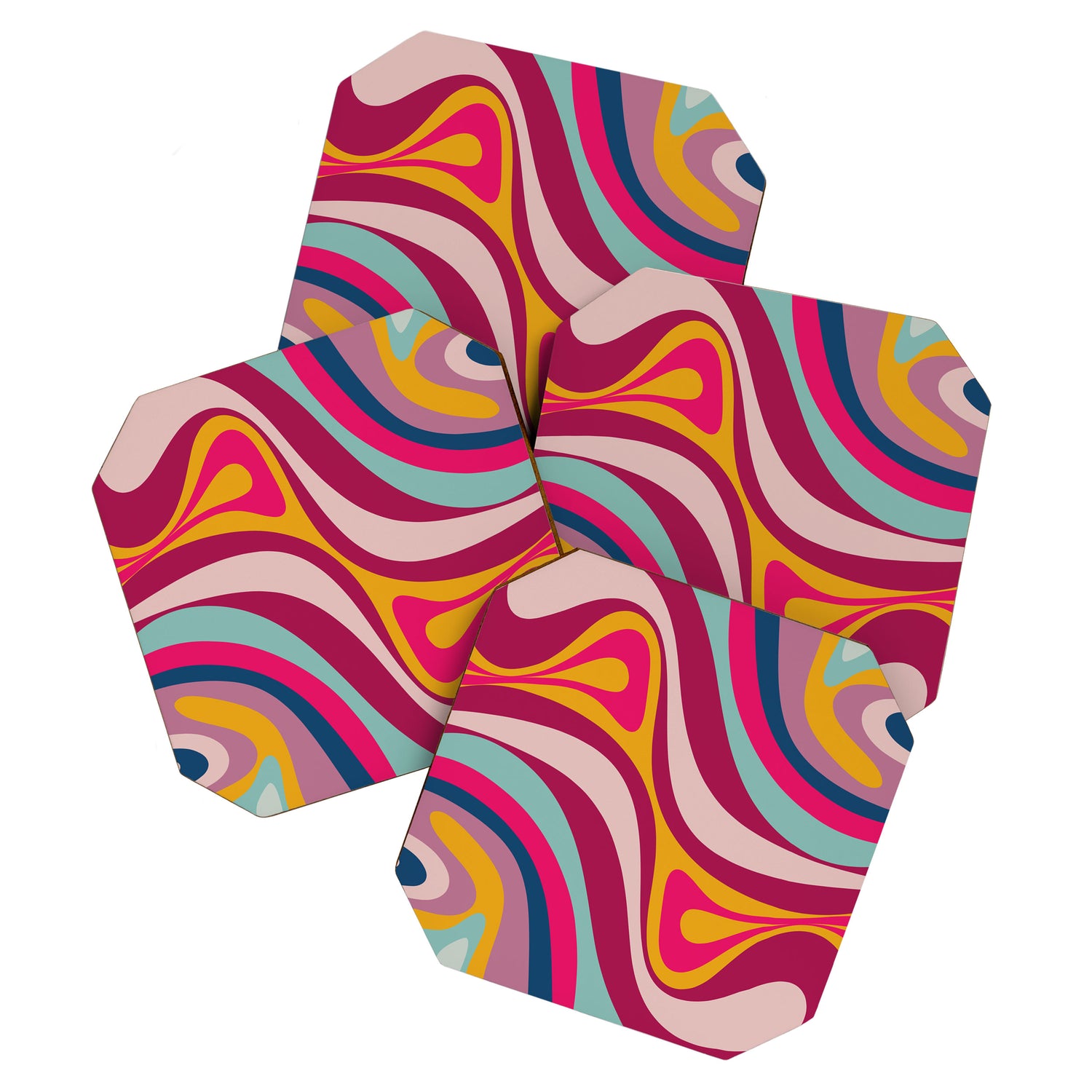 New Groove Colorful Retro Swirl Abstract Pattern Magenta Blue Aqua Pink Mustard Coaster Gallery Image 1