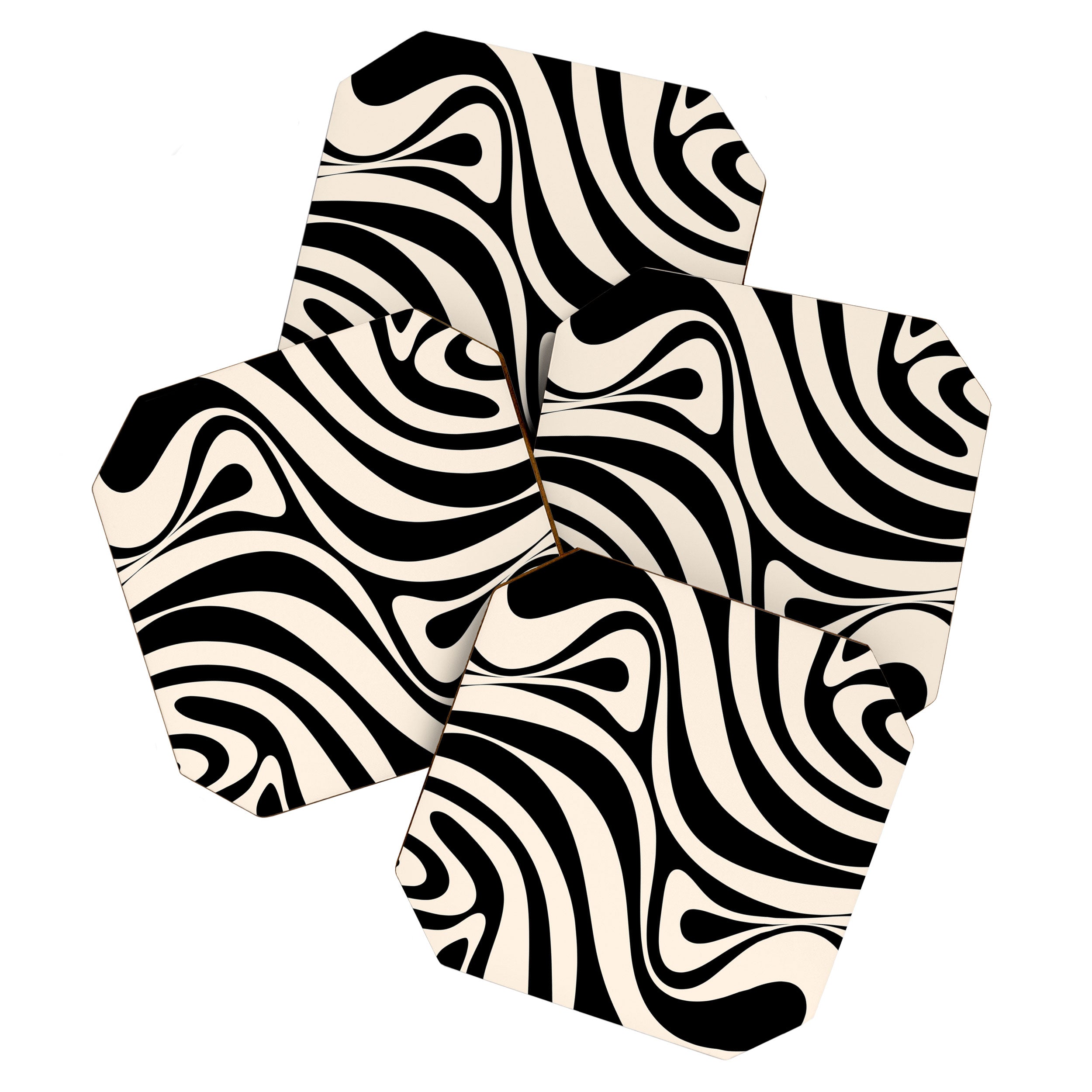 New Groove Retro Swirl Abstract Black and Almond Cream Coaster Gallery Image 1