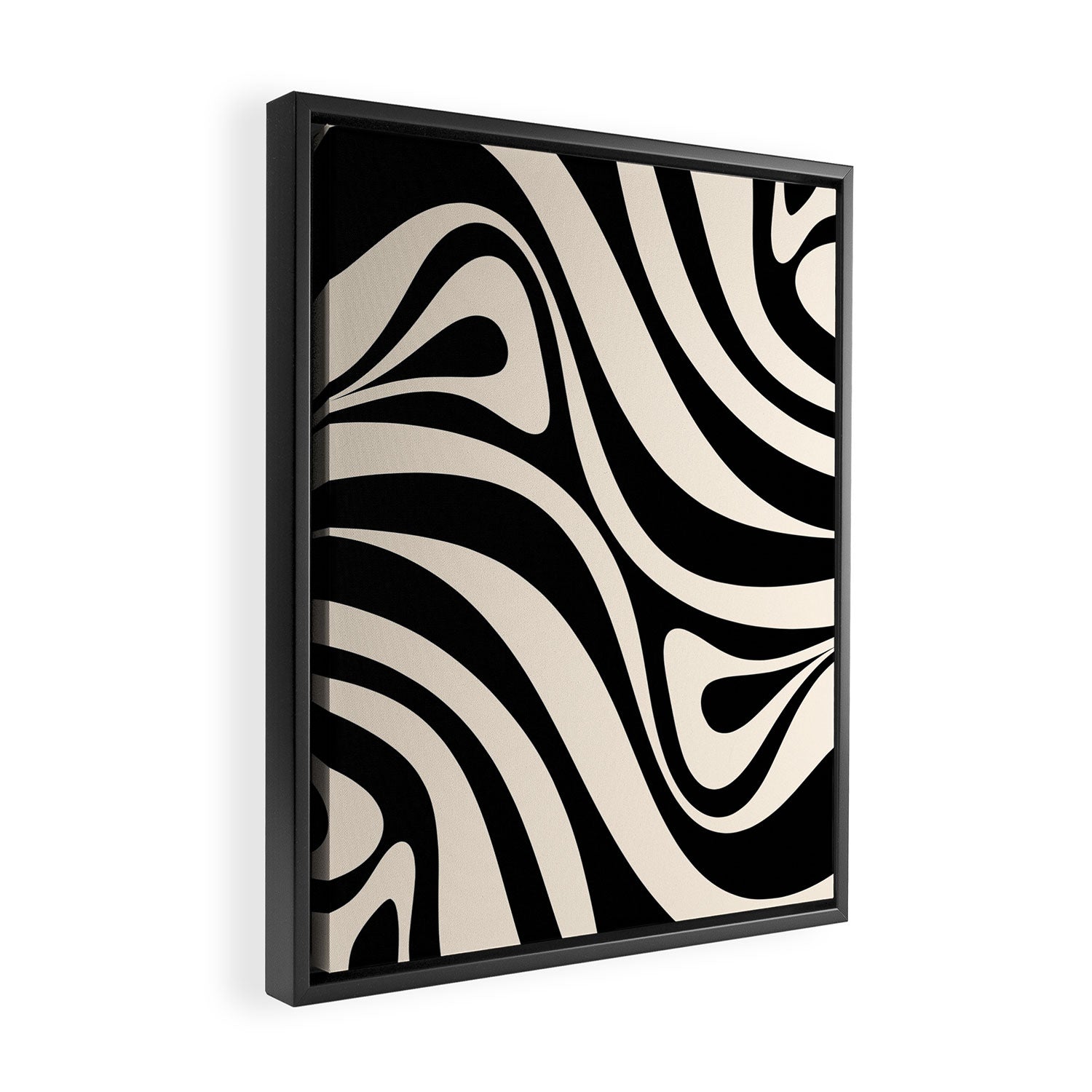 New Groove Retro Swirl Abstract Black and Almond Cream Framed Canvas Print Gallery Image 2