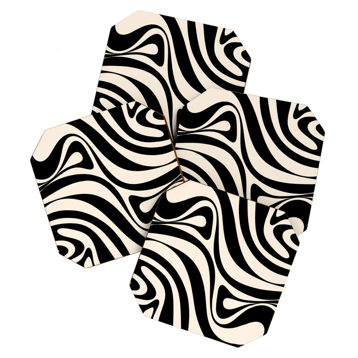New Groove Retro Swirl Abstract in Black and Almond Cream Coaster Gallery Image 1