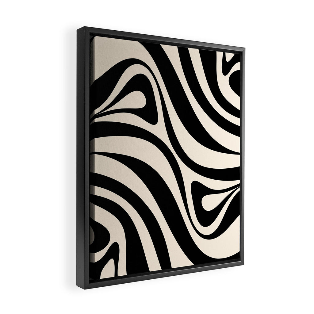 New Groove Retro Swirl Abstract in Black and Almond Cream Framed Canvas Print Gallery Image 2