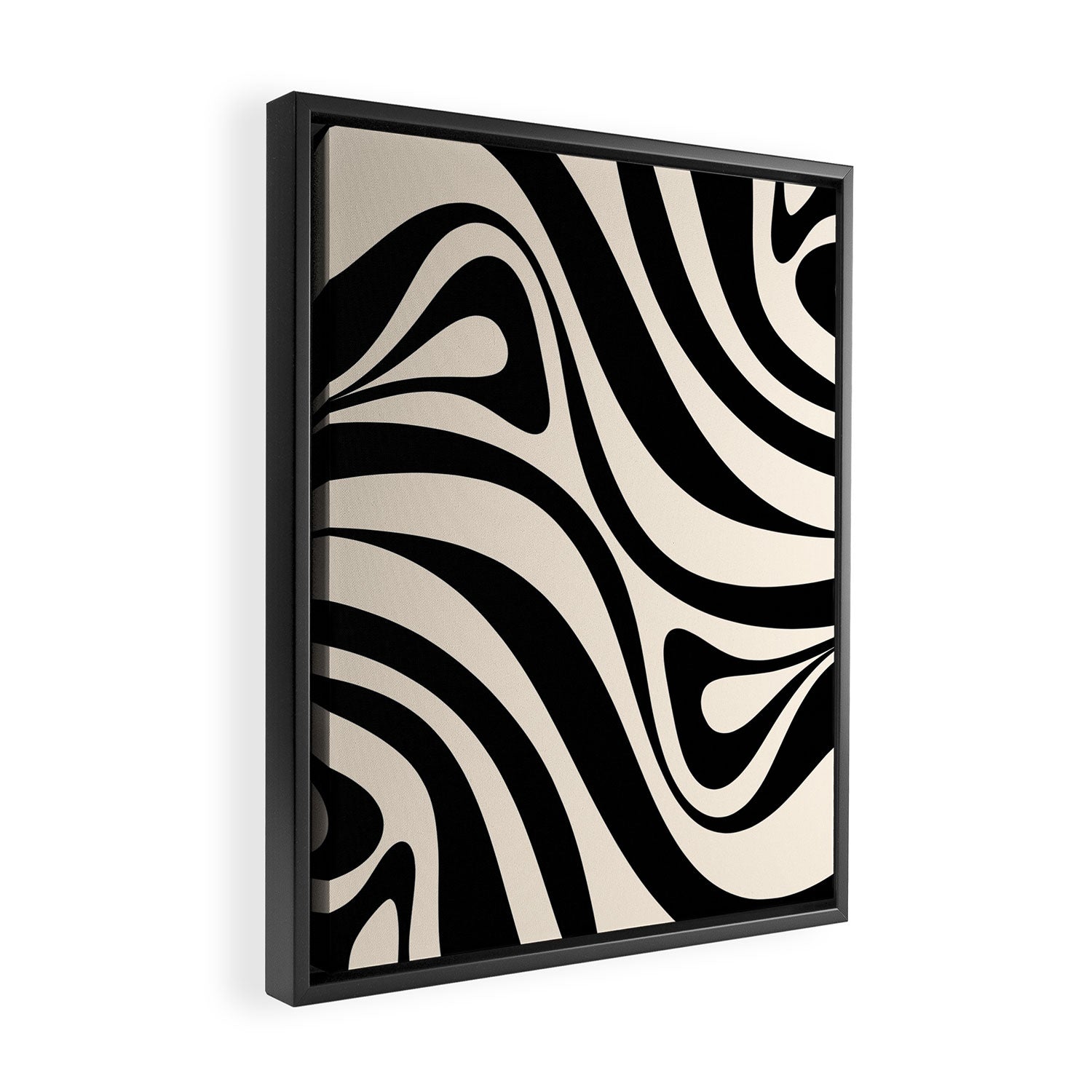 New Groove Retro Swirl Abstract in Black and Almond Cream Framed Canvas Print Gallery Image 2