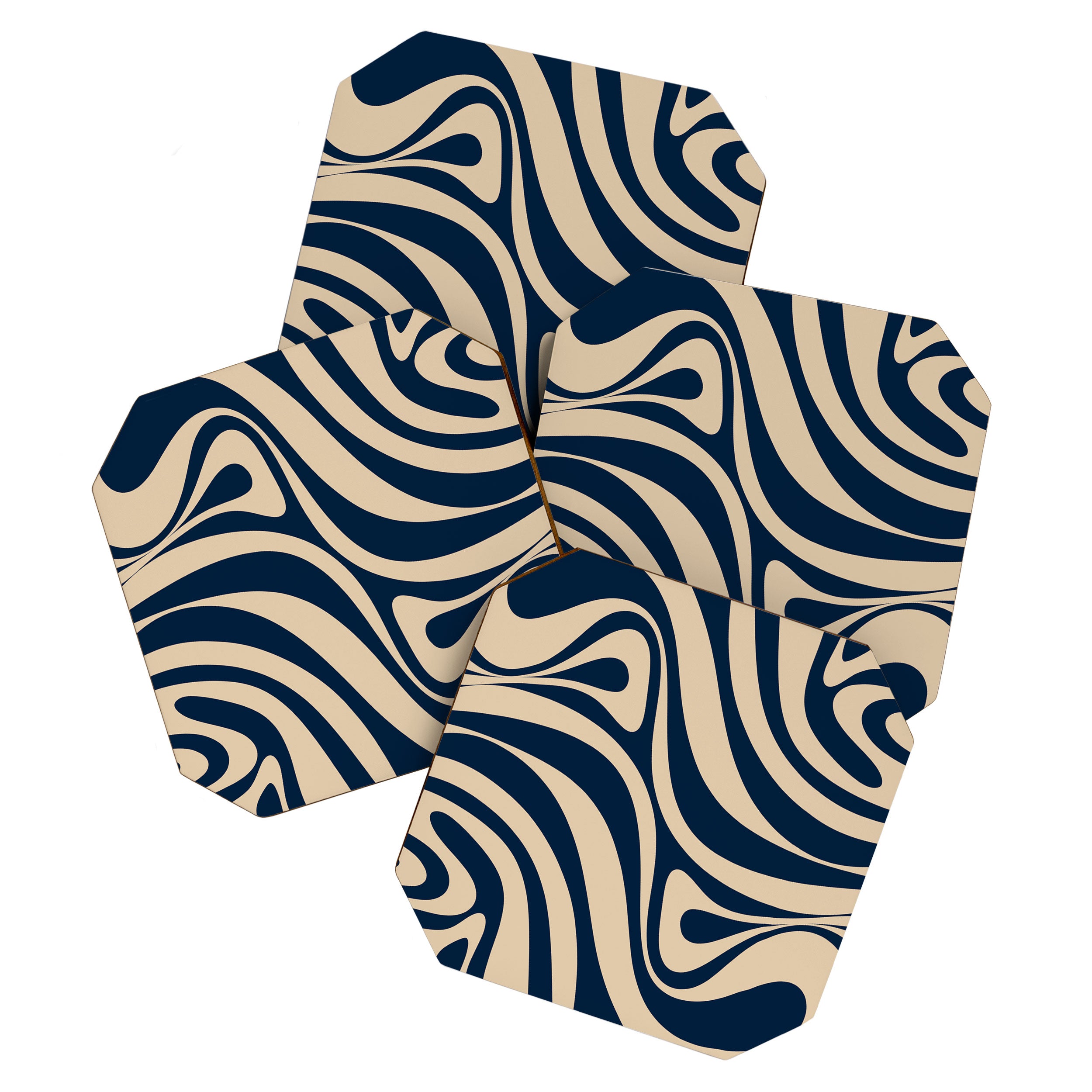 New Groove Retro Swirl Abstract Pattern in Midcentury Modern Navy Blue and Beige  Coaster Gallery Image 1