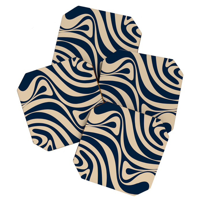 New Groove Retro Swirl Abstract Pattern in Midcentury Modern Navy Blue and Beige  Coaster Gallery Image 1