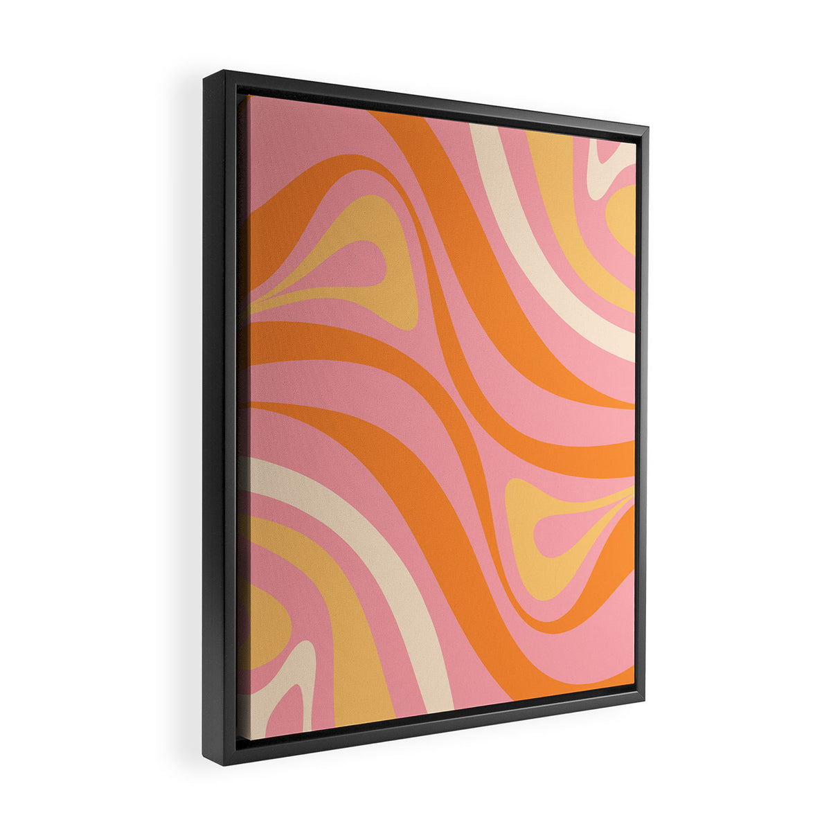 New Groove Retro Swirl Abstract Pattern in Pink, Orange, Yellow, and Cream Framed Canvas Print Gallery Image 2