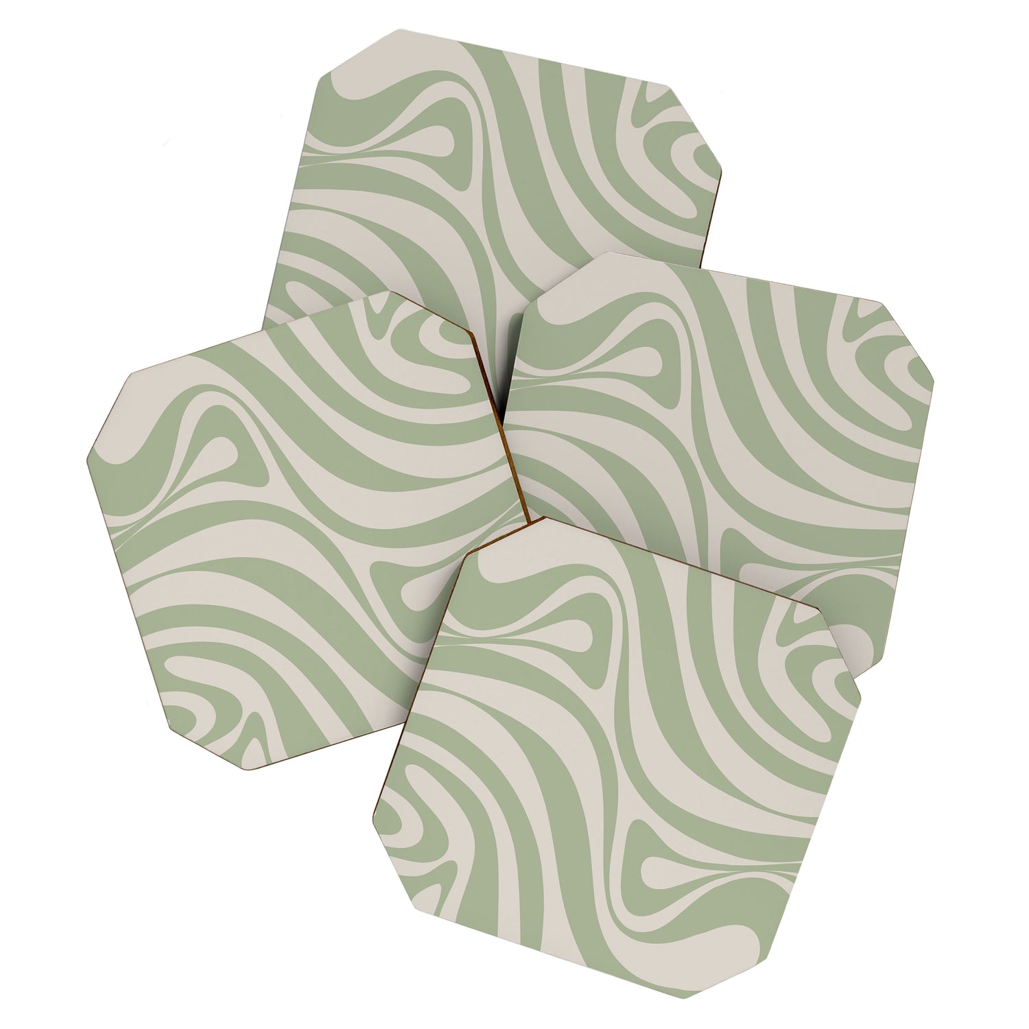 New Groove Retro Swirl Abstract Pattern in Sage and Beige Coaster Gallery Image 1