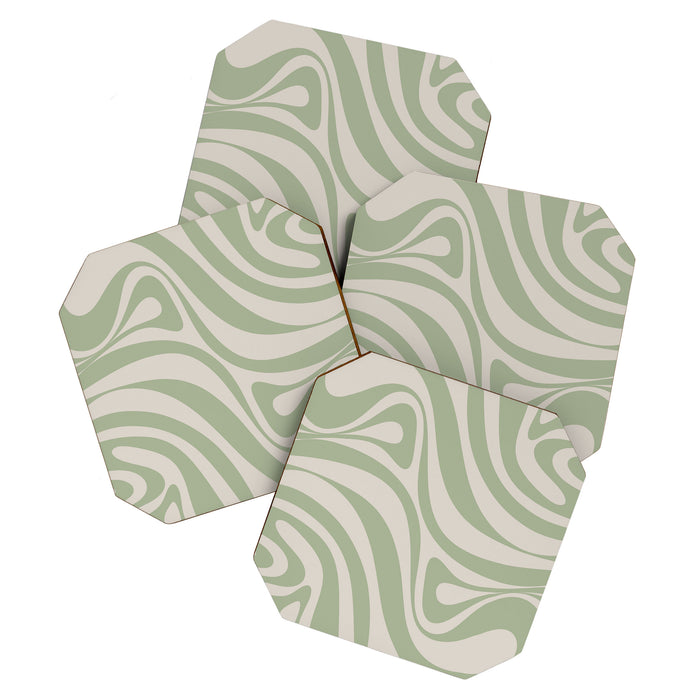 New Groove Retro Swirl Abstract Pattern in Sage and Beige Coaster Gallery Image 1