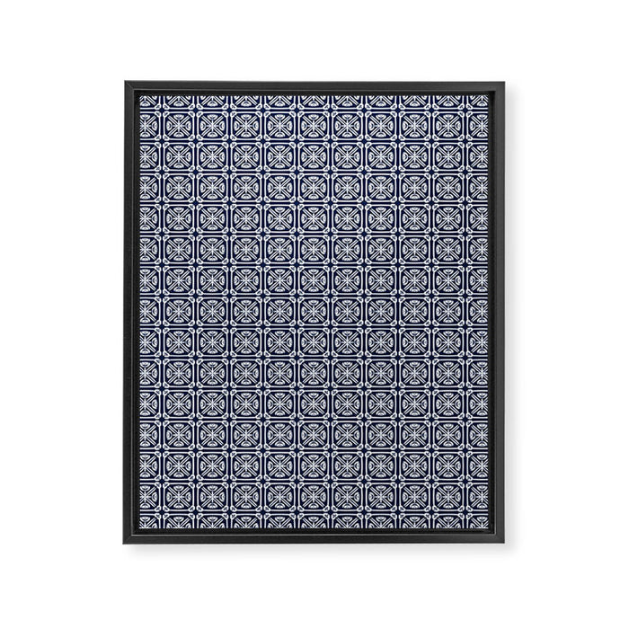 Nouveau Spanish Tile Pattern in Nautical Navy Blue and White Framed Canvas Print Gallery Image 1
