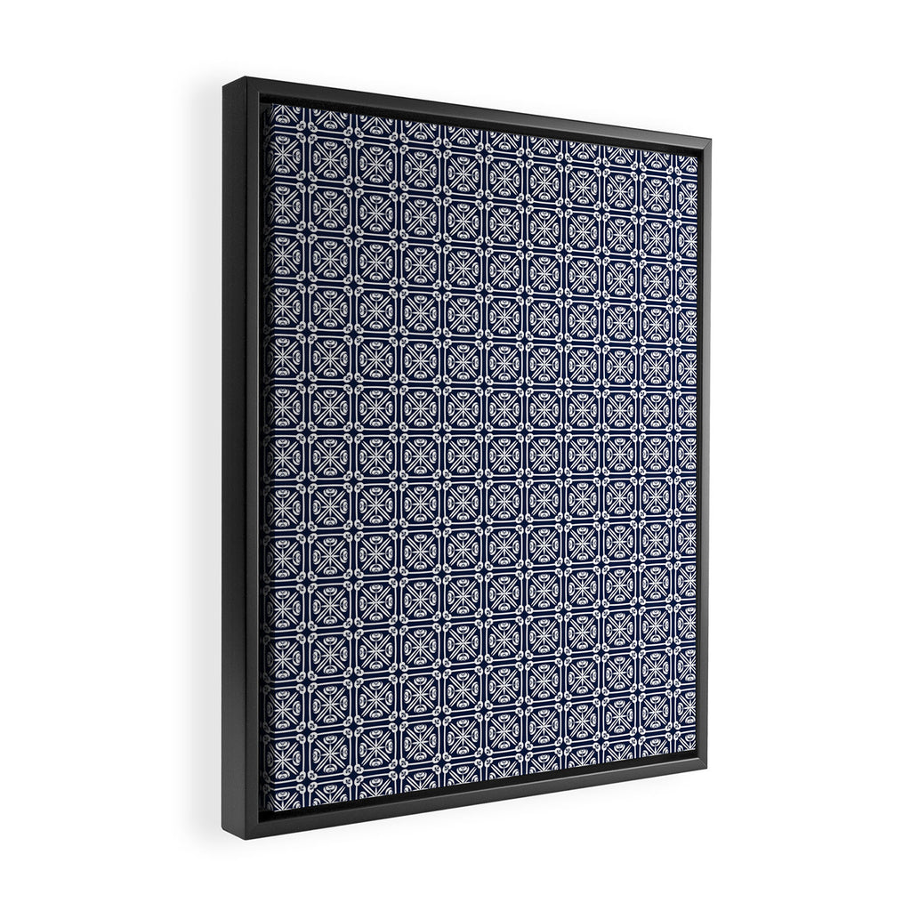Nouveau Spanish Tile Pattern in Nautical Navy Blue and White Framed Canvas Print Gallery Image 2