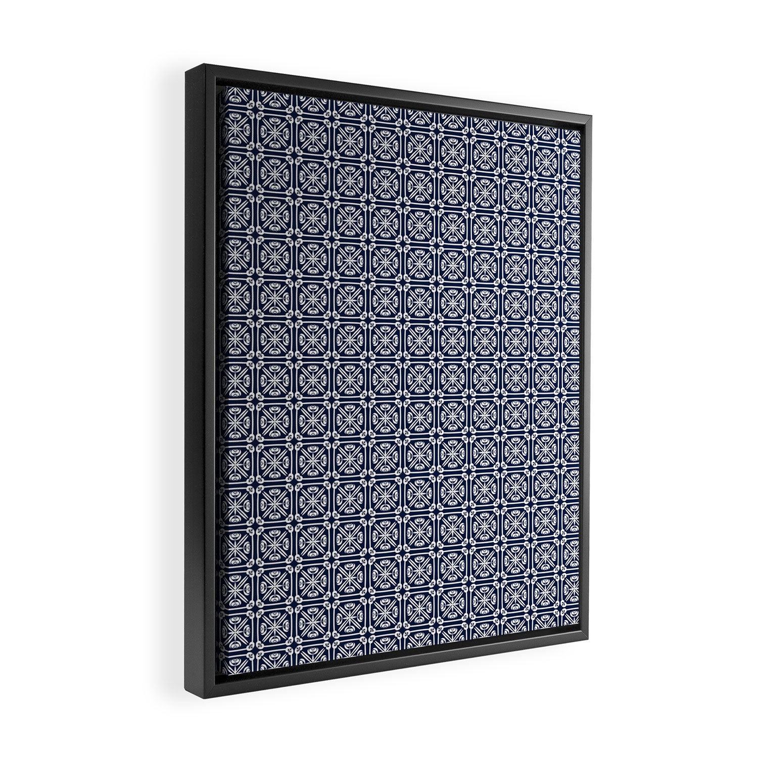 Nouveau Spanish Tile Pattern in Nautical Navy Blue and White Framed Canvas Print Gallery Image 2