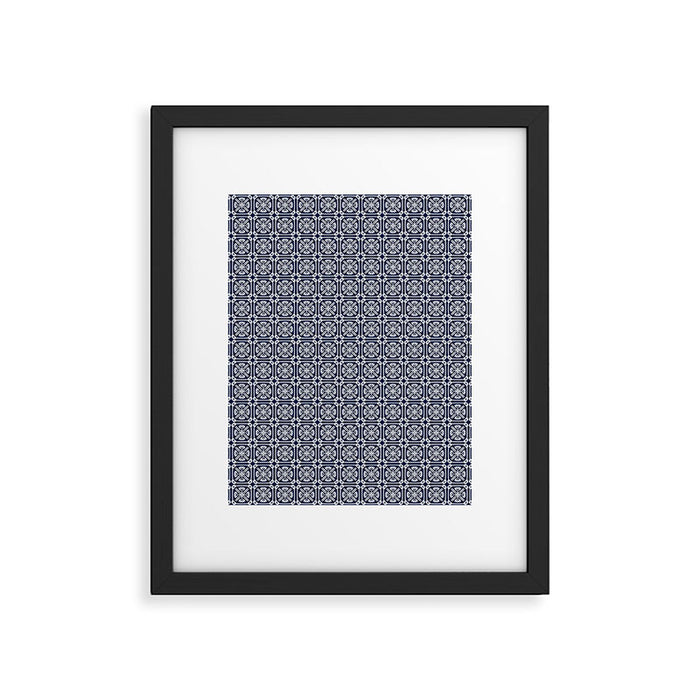 Nouveau Spanish Tile Pattern in Nautical Navy Blue and White Framed Art Print Gallery Image 1