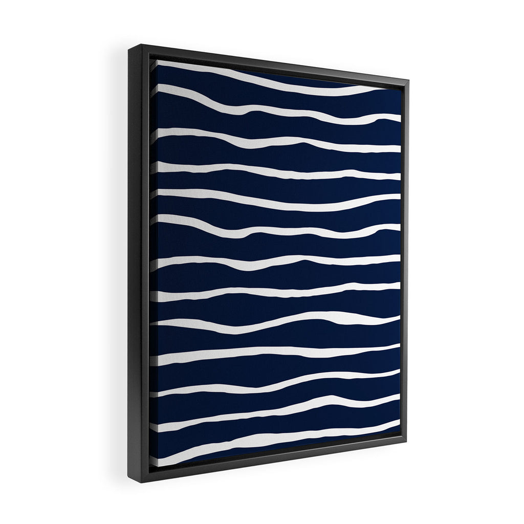 Ocean Ripple Modern Organic Stripe Pattern in White and Nautical Navy Blue Framed Canvas Print Gallery Image 2