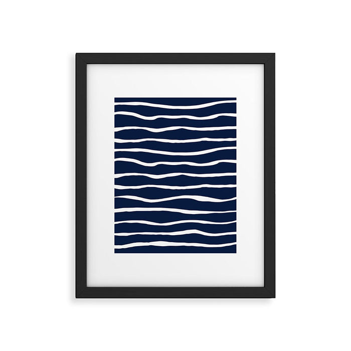 Ocean Ripple Modern Organic Stripe Pattern in White and Nautical Navy Blue Framed Art Print Gallery Image 1