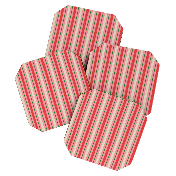 Old Fashioned Retro Christmas Stripe Pattern Vertical Pink, Red, Green, and Beige Coaster Gallery Image 1