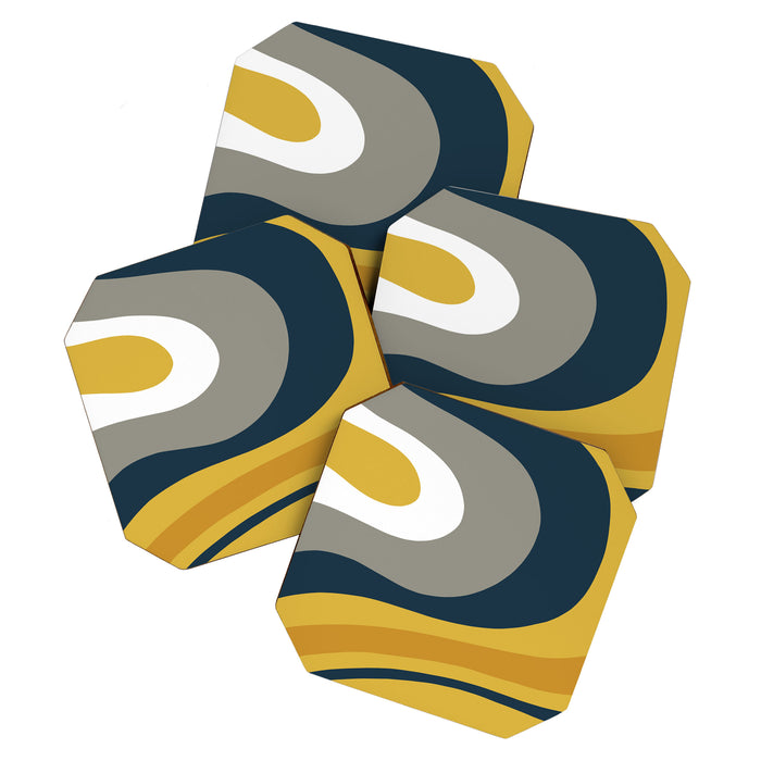Organic Topography Abstract in Mustard, Navy Blue, Gray, and White  Coaster Gallery Image 1