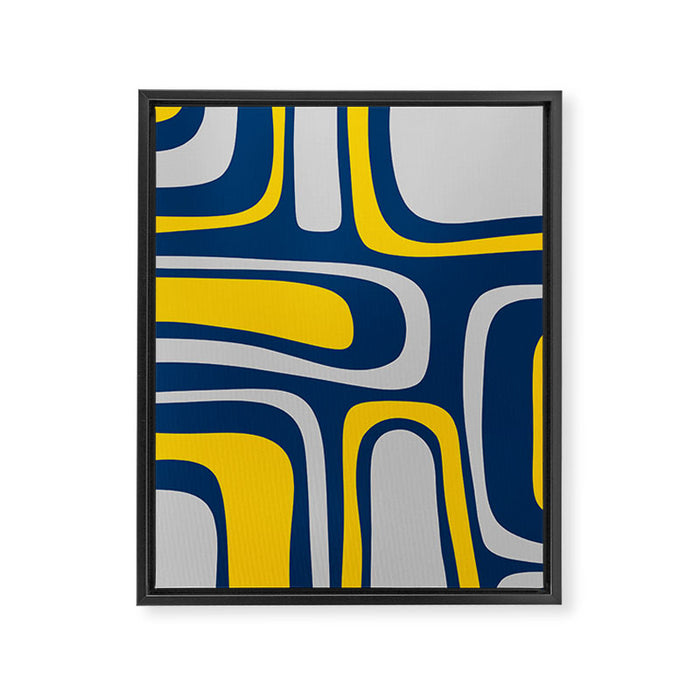 Palm Springs Mid Century Modern Retro Abstract Pattern Navy Blue Silver Gray Mustard Yellow Framed Canvas Print Gallery Image 1