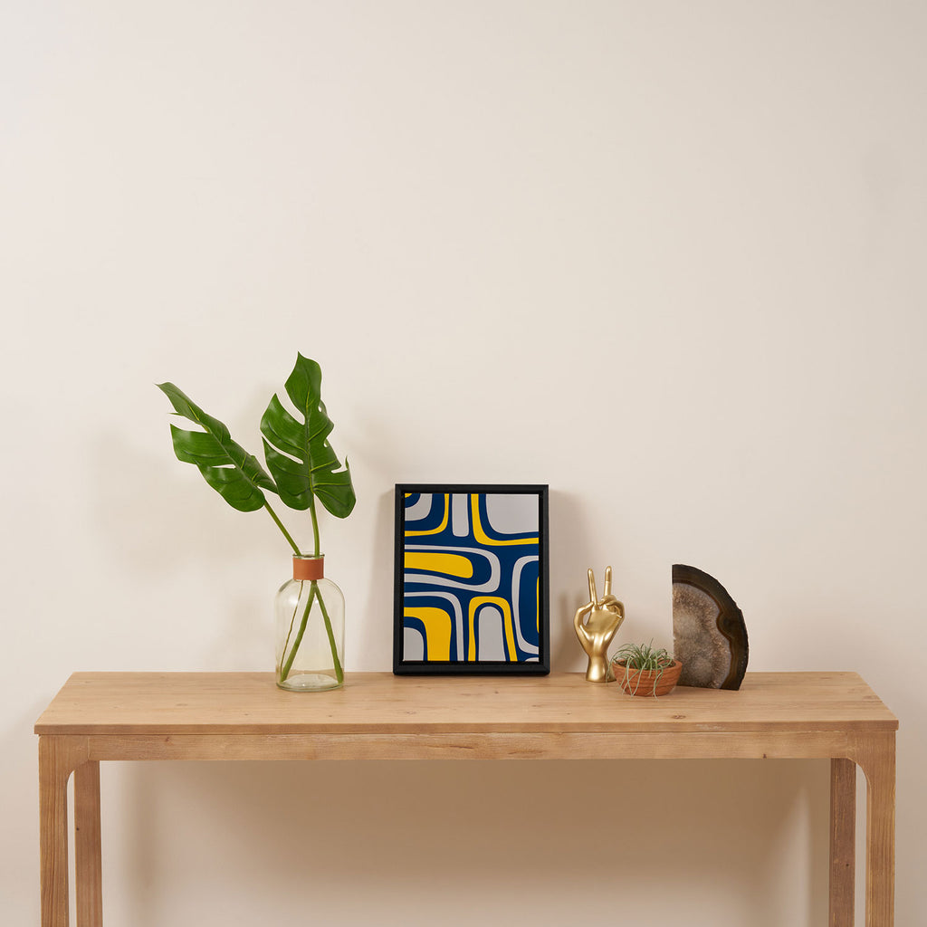 Palm Springs Mid Century Modern Retro Abstract Pattern Navy Blue Silver Gray Mustard Yellow Framed Canvas Print Gallery Image 4
