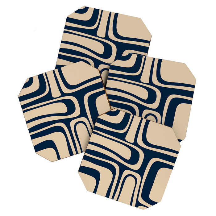 Palm Springs Mid Century Modern Abstract Pattern in Mid Mod Beige and Dark Blue Coaster Gallery Image 1