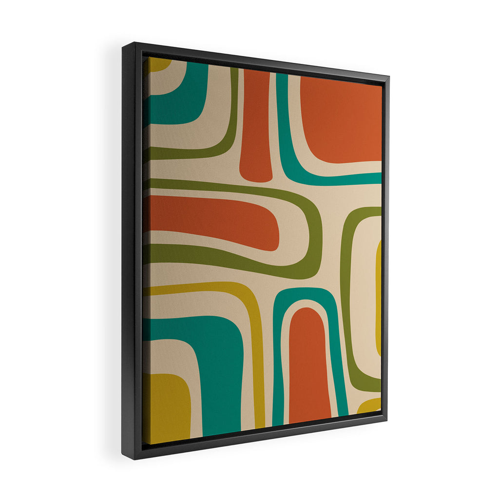 Palm Springs Mid Century Modern Abstract Pattern in Mid Mod Olive, Burnt Orange, Mustard, Teal, and Beige Framed Canvas Print Gallery Image 2