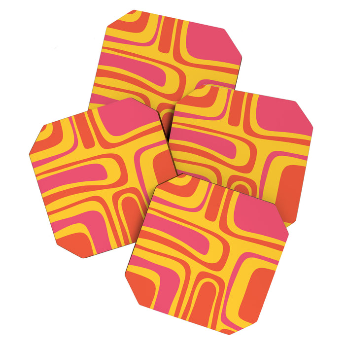 Palm Springs Mid Century Modern Abstract Pattern in Retro Bright Yellow, Hot Pink, and Orange-Red Coaster Gallery Image 1